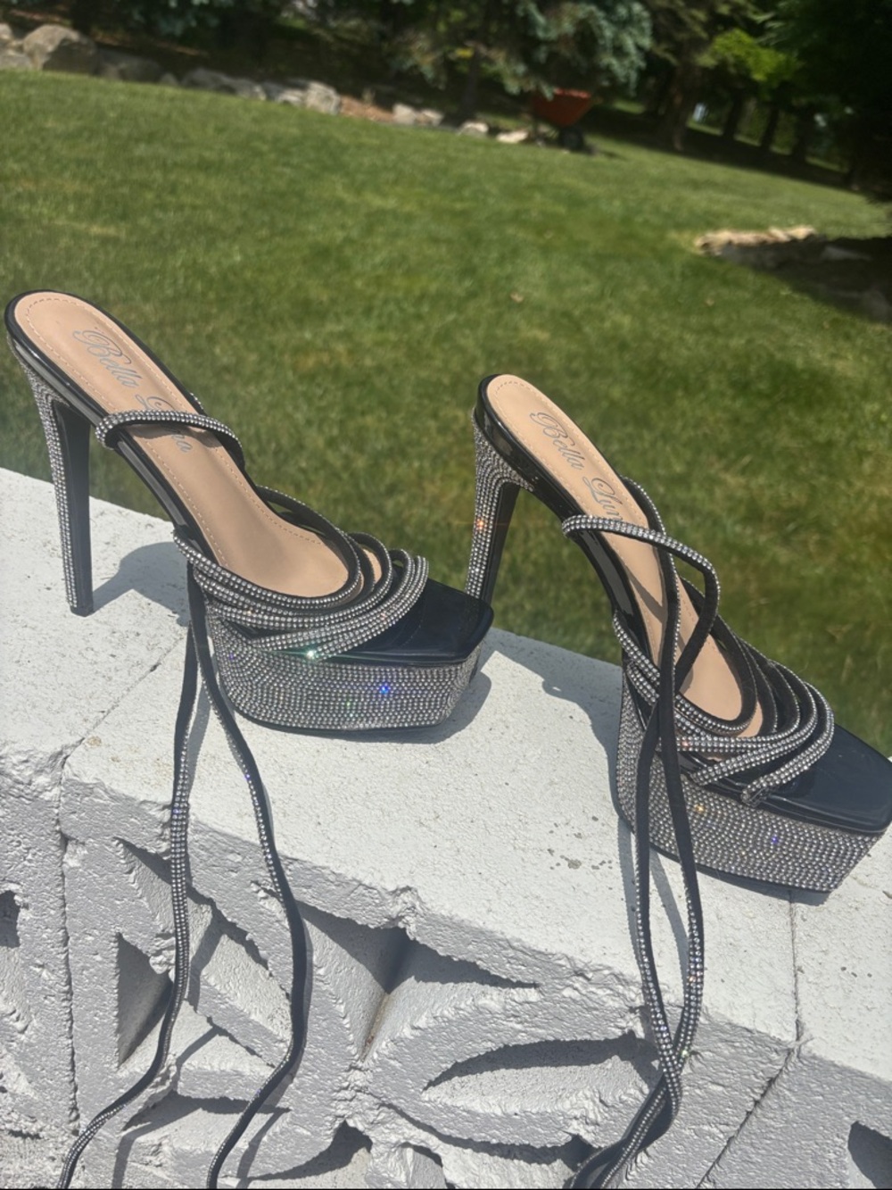 Crystal Embellished Black Platform Strappy Heels